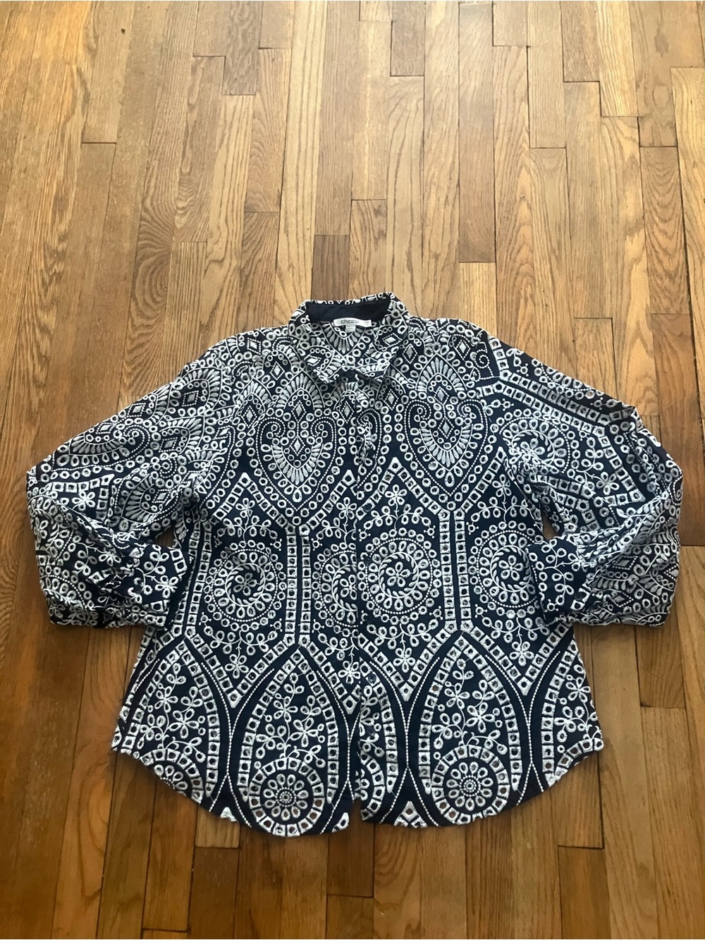 Chico's Black and White Geometric Button-Down Shirt